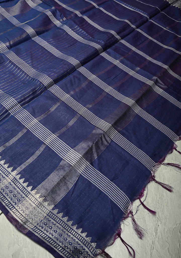 Ink Purple Semi Tussar Saree with Thread Stripes and Zari Border