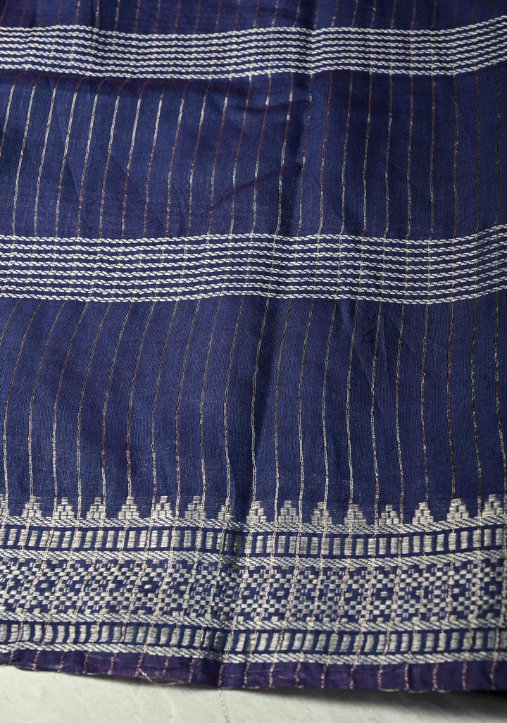 Ink Purple Semi Tussar Saree with Thread Stripes and Zari Border