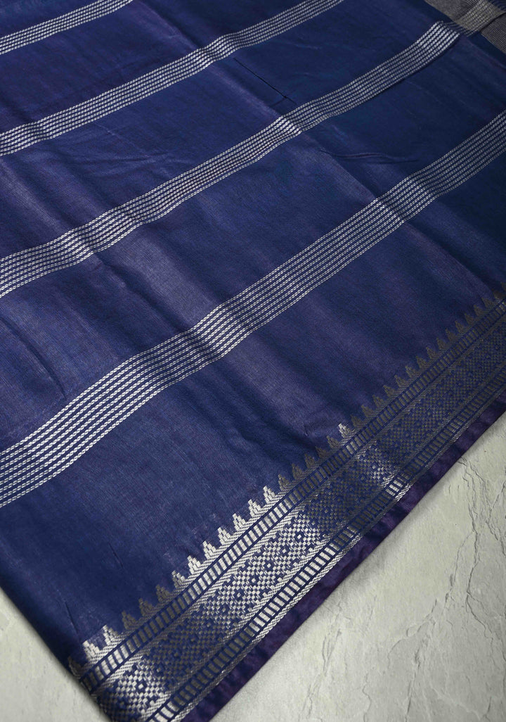 Ink Purple Semi Tussar Saree with Thread Stripes and Zari Border