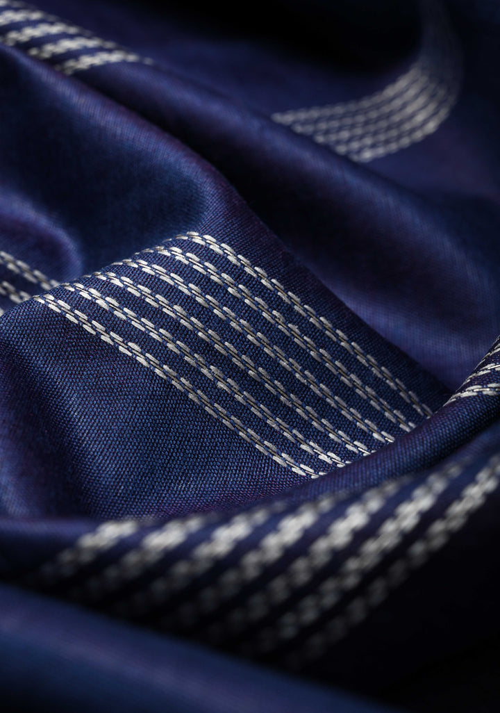 Ink Purple Semi Tussar Saree with Thread Stripes and Zari Border