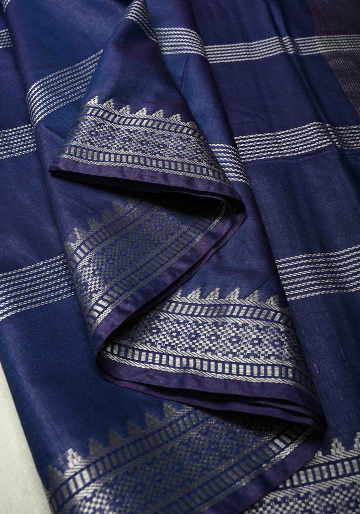 Ink Purple Semi Tussar Saree with Thread Stripes and Zari Border