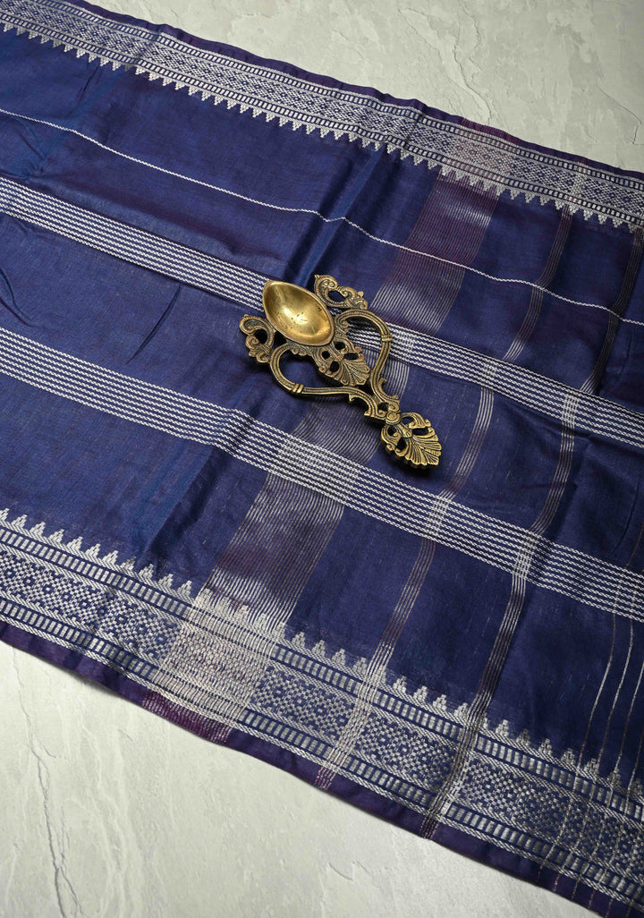 Ink Purple Semi Tussar Saree with Thread Stripes and Zari Border