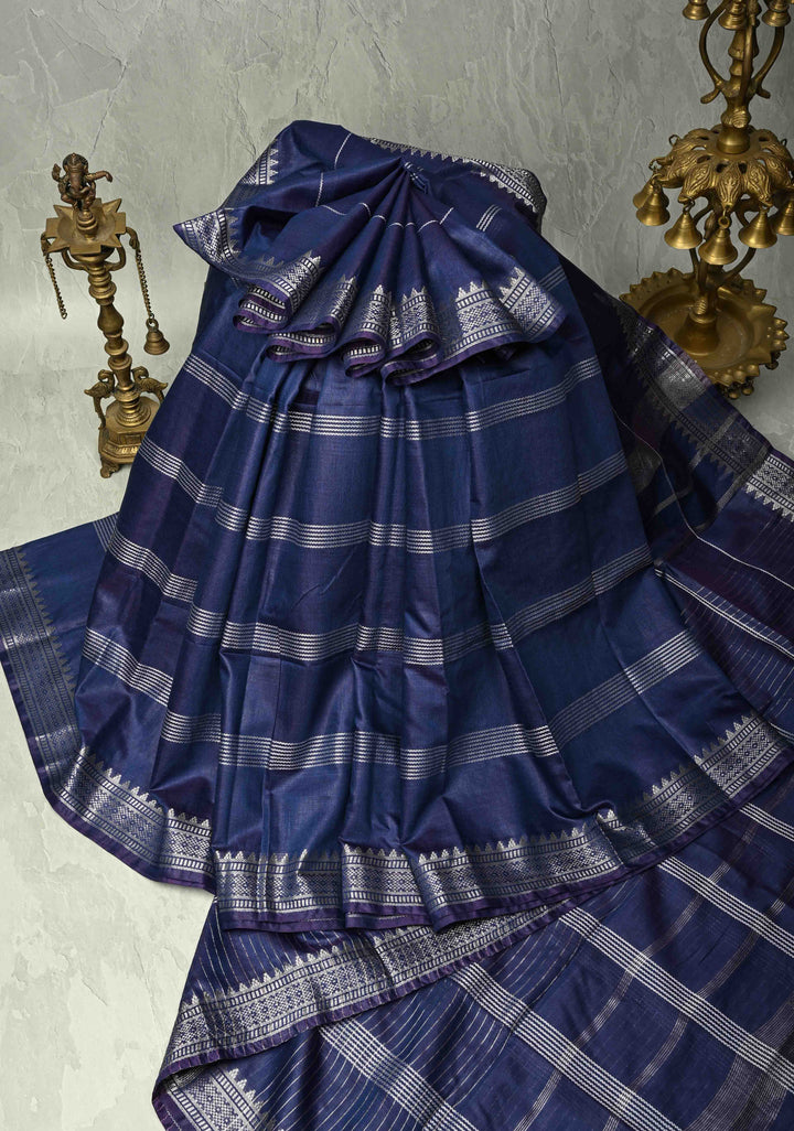 Ink Purple Semi Tussar Saree with Thread Stripes and Zari Border