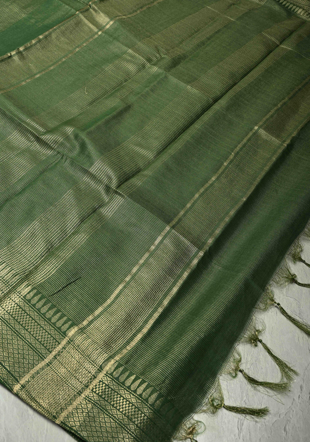 Dark Green Semi Tissue Saree with Zari Border