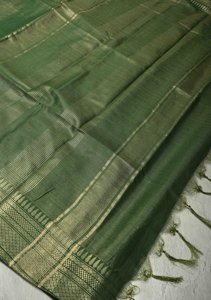 Dark Green Semi Tissue Saree with Zari Border