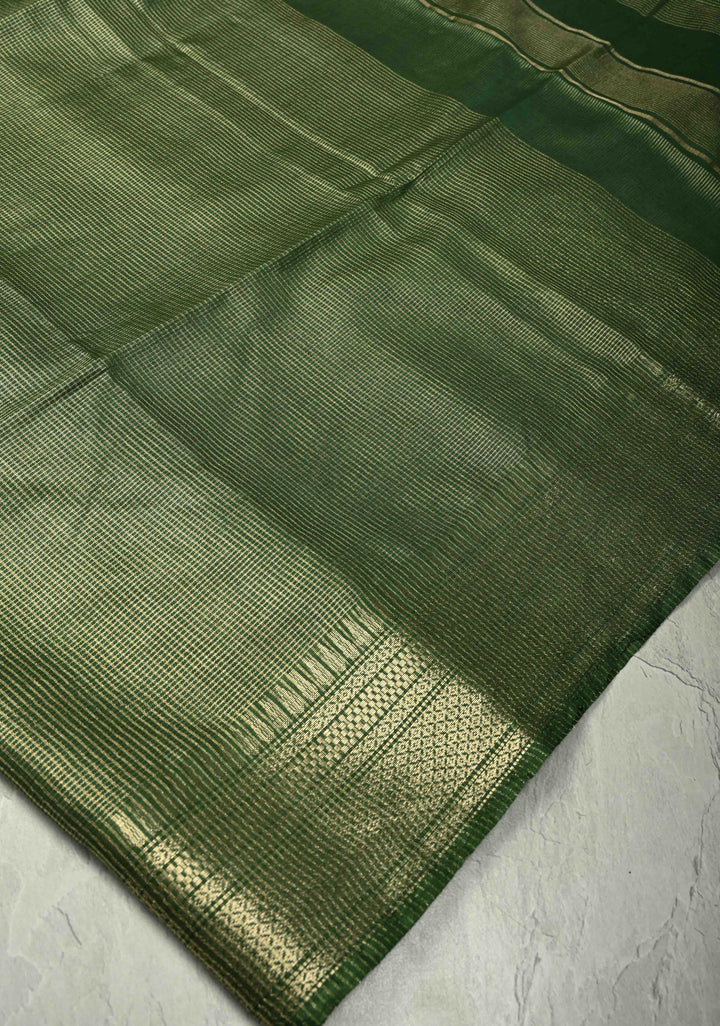 Dark Green Semi Tissue Saree with Zari Border