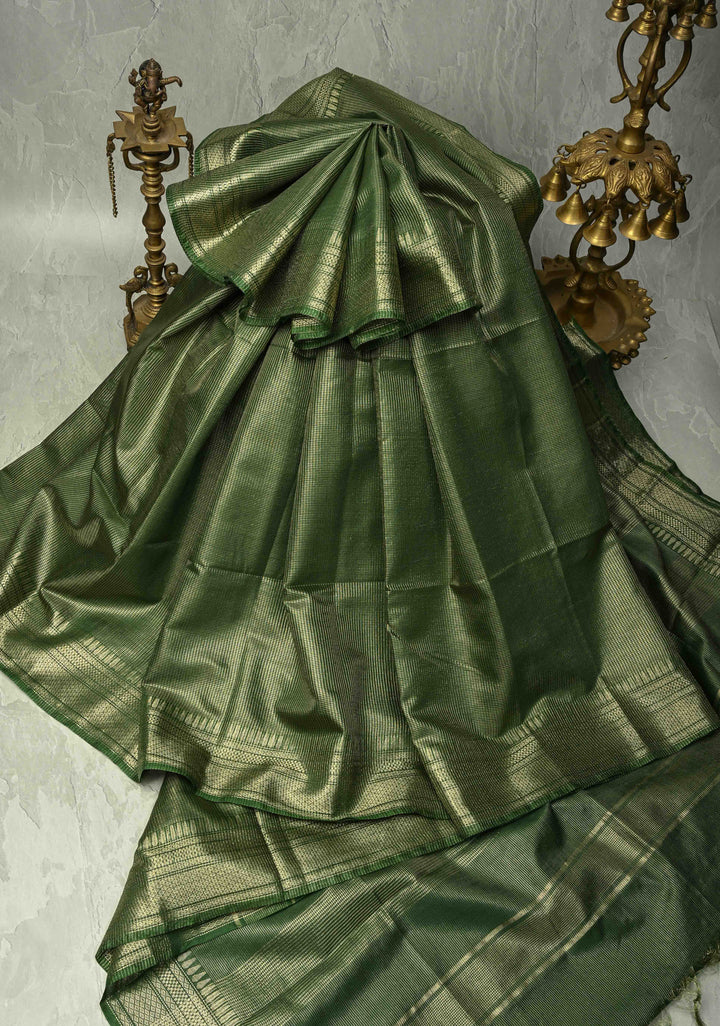 Dark Green Semi Tissue Saree with Zari Border