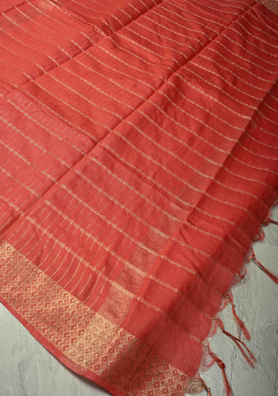 Coral Pink Semi Tussar Saree with Zari Stripes and Zari Border