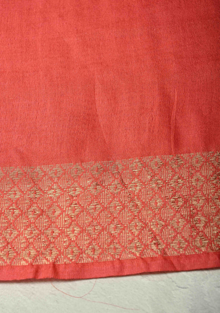 Coral Pink Semi Tussar Saree with Zari Stripes and Zari Border