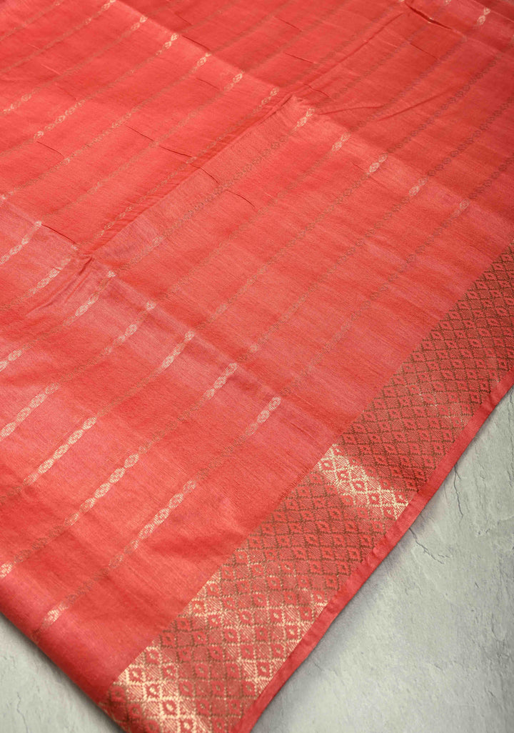 Coral Pink Semi Tussar Saree with Zari Stripes and Zari Border