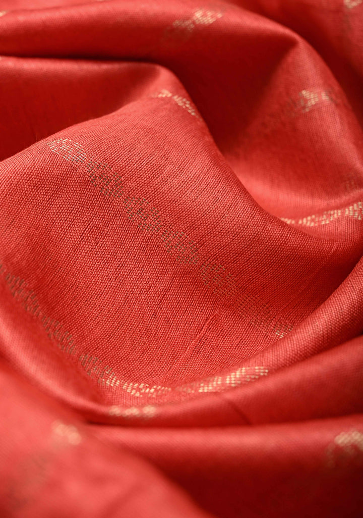 Coral Pink Semi Tussar Saree with Zari Stripes and Zari Border