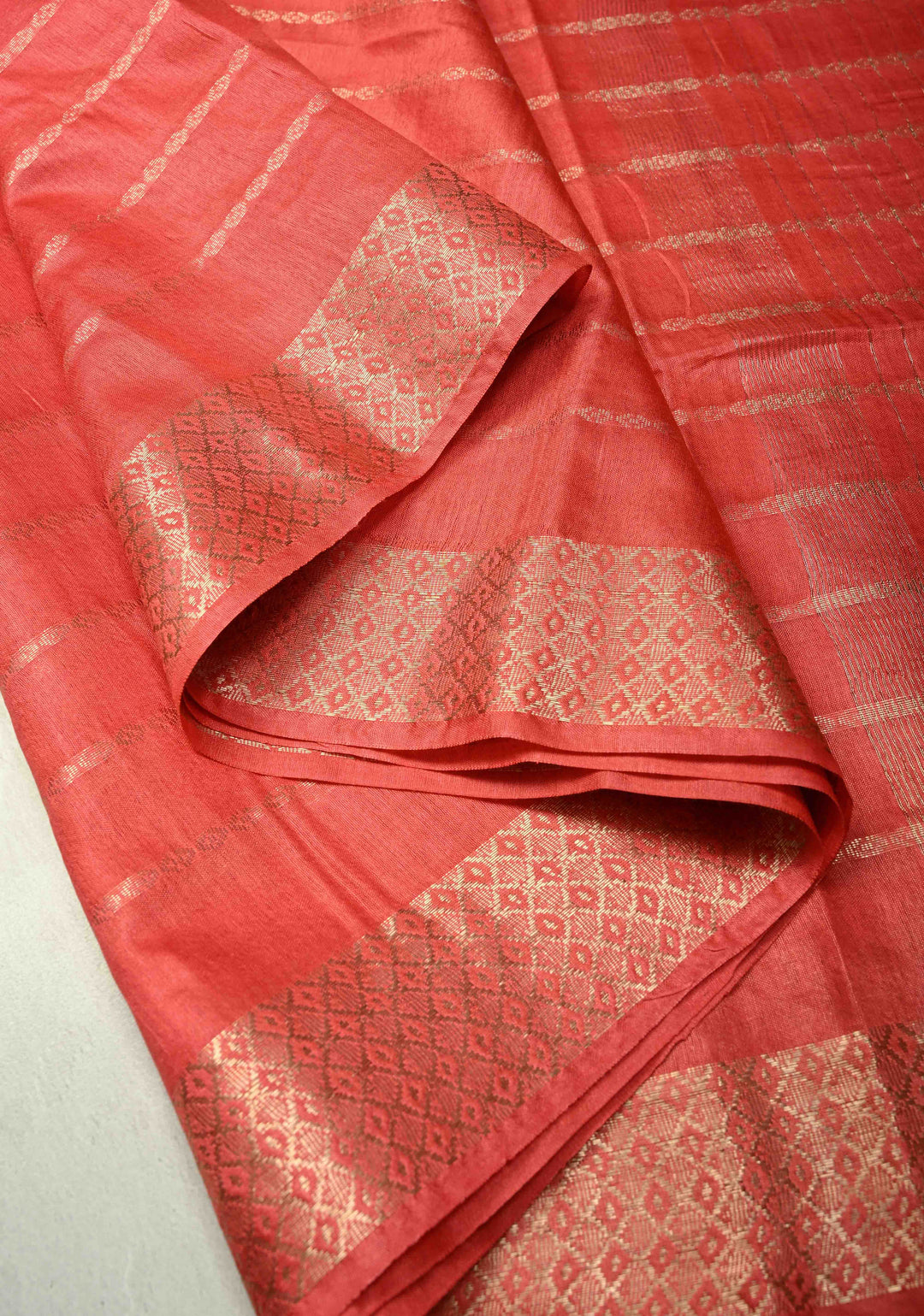 Coral Pink Semi Tussar Saree with Zari Stripes and Zari Border