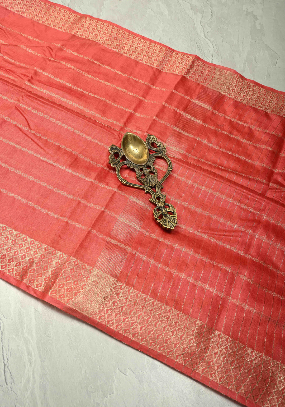 Coral Pink Semi Tussar Saree with Zari Stripes and Zari Border