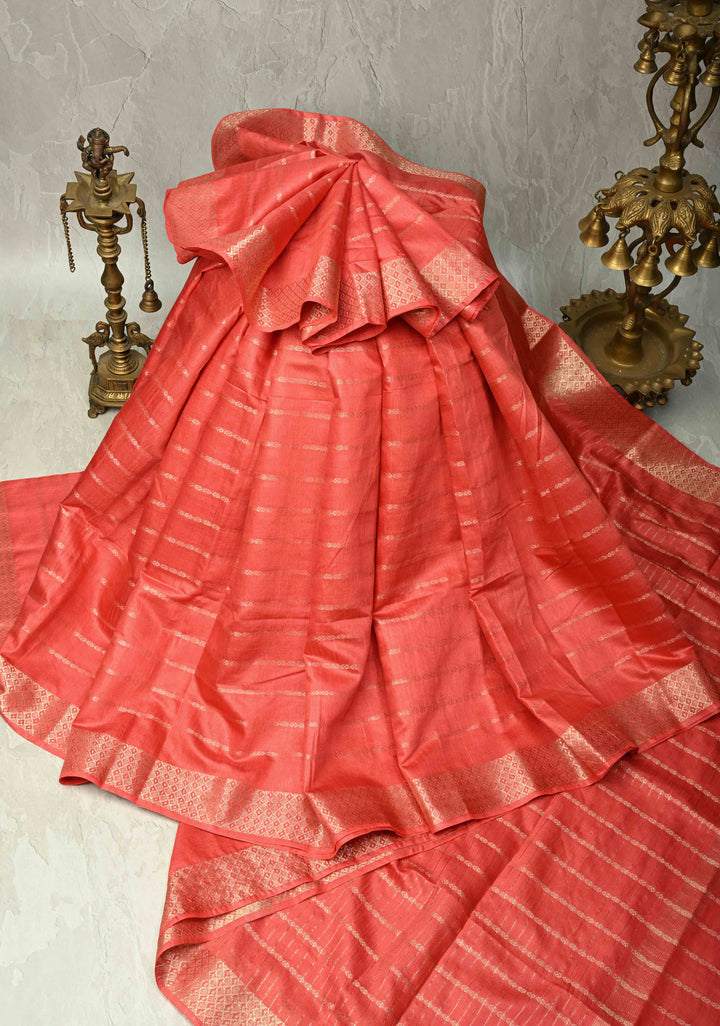 Coral Pink Semi Tussar Saree with Zari Stripes and Zari Border