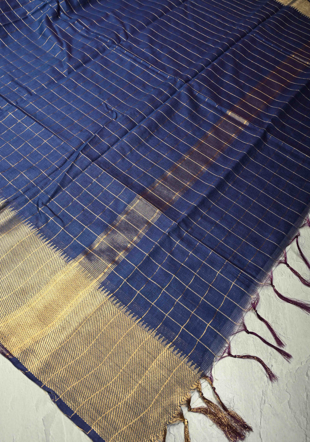 Ink Blue Semi Tussar Saree with Zari Checks and Zari Border