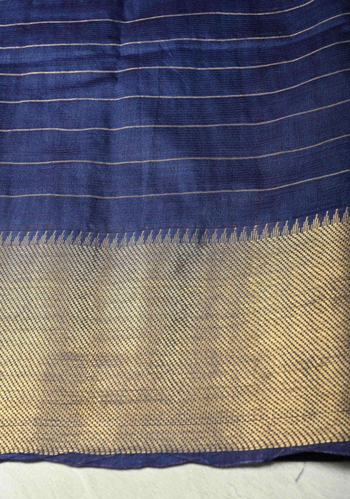 Ink Blue Semi Tussar Saree with Zari Checks and Zari Border