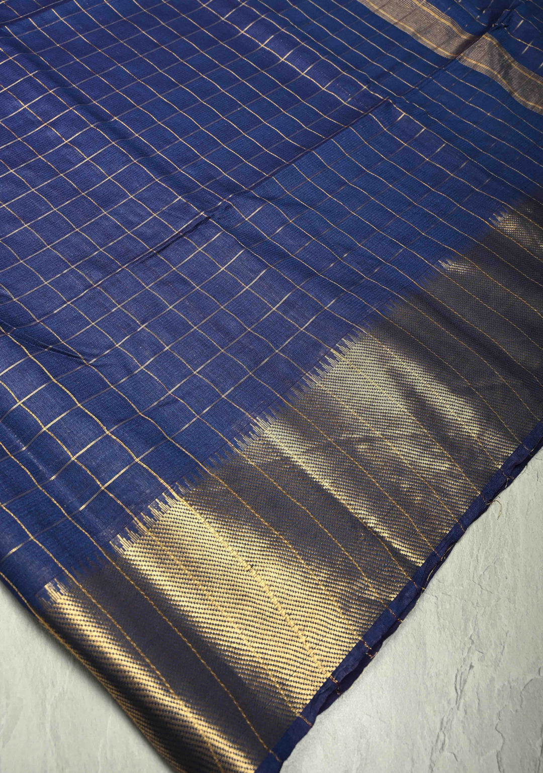Ink Blue Semi Tussar Saree with Zari Checks and Zari Border