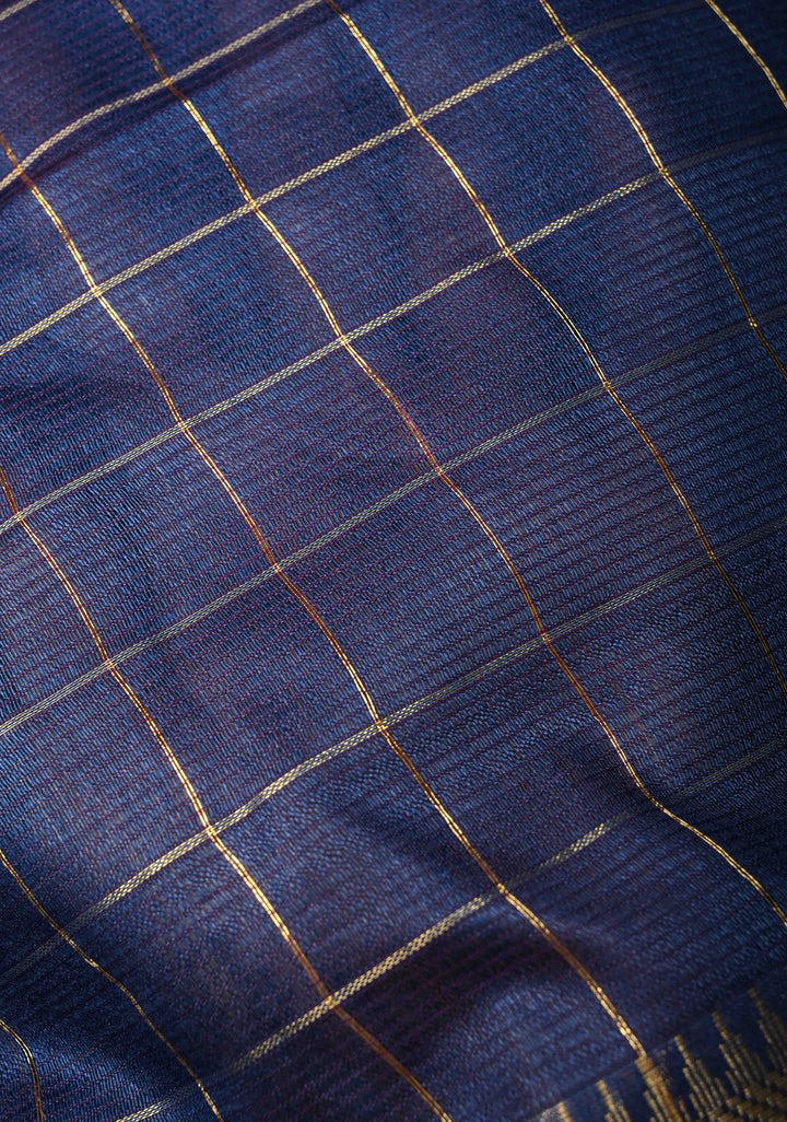 Ink Blue Semi Tussar Saree with Zari Checks and Zari Border