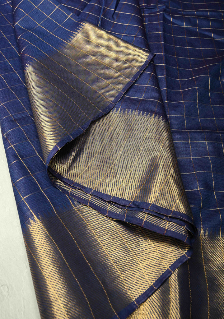 Ink Blue Semi Tussar Saree with Zari Checks and Zari Border