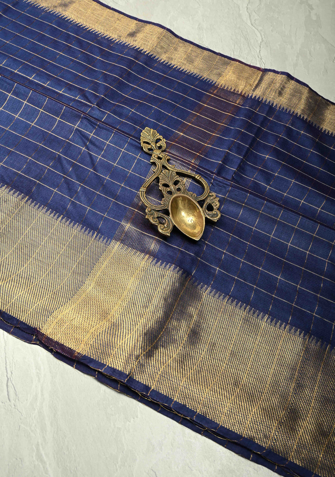 Ink Blue Semi Tussar Saree with Zari Checks and Zari Border