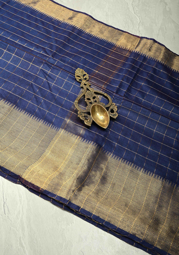 Ink Blue Semi Tussar Saree with Zari Checks and Zari Border
