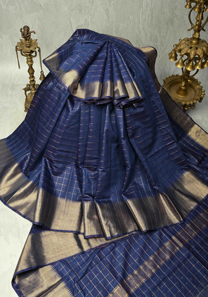 Ink Blue Semi Tussar Saree with Zari Checks and Zari Border