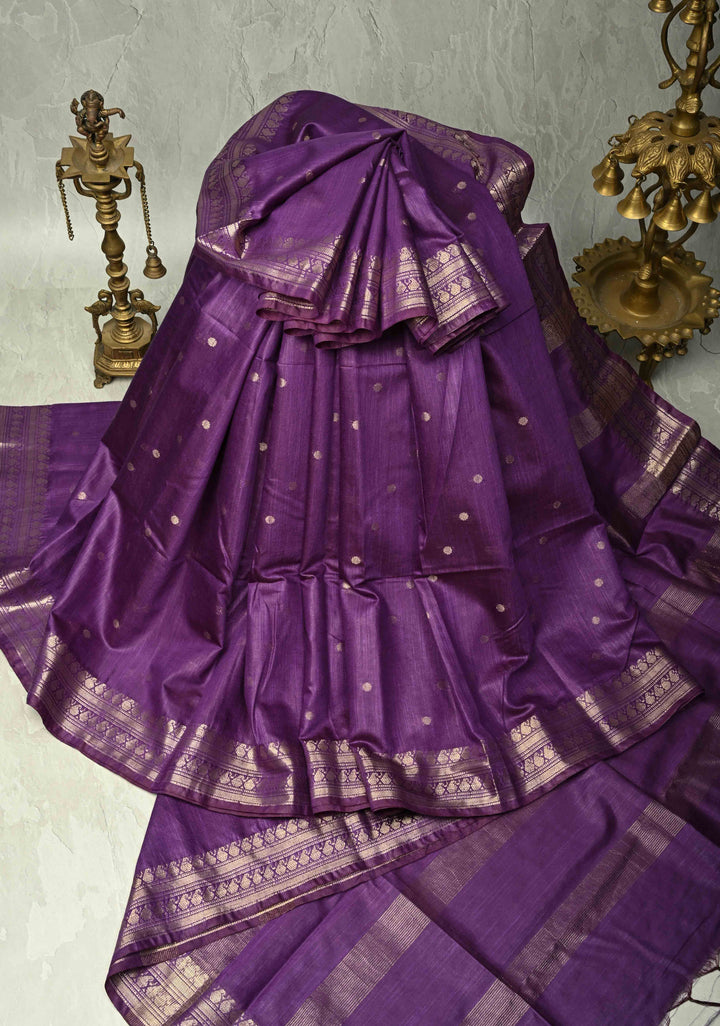 Purple Semi Tussar Saree with Zari Buttas and Zari Border