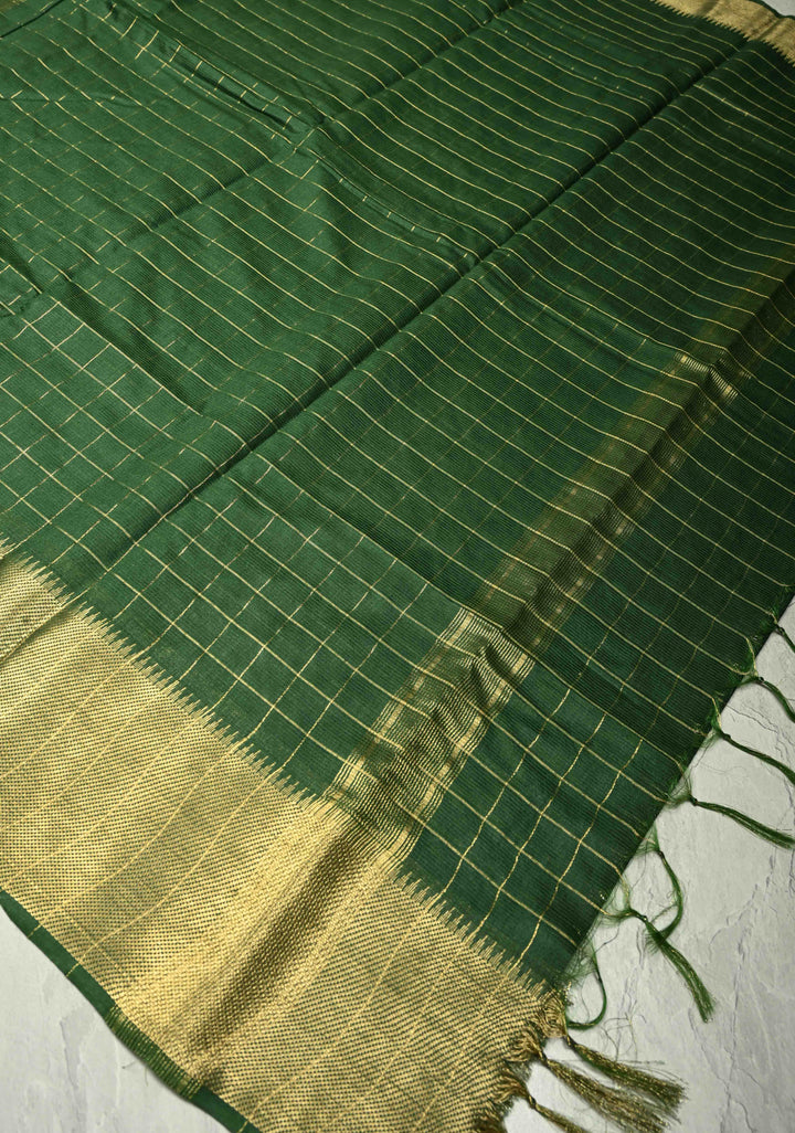 Bottle Green Semi Tussar Saree with Zari Checks and Zari Border