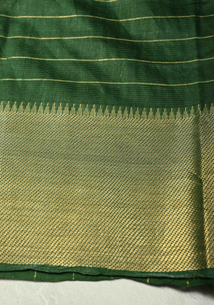 Bottle Green Semi Tussar Saree with Zari Checks and Zari Border