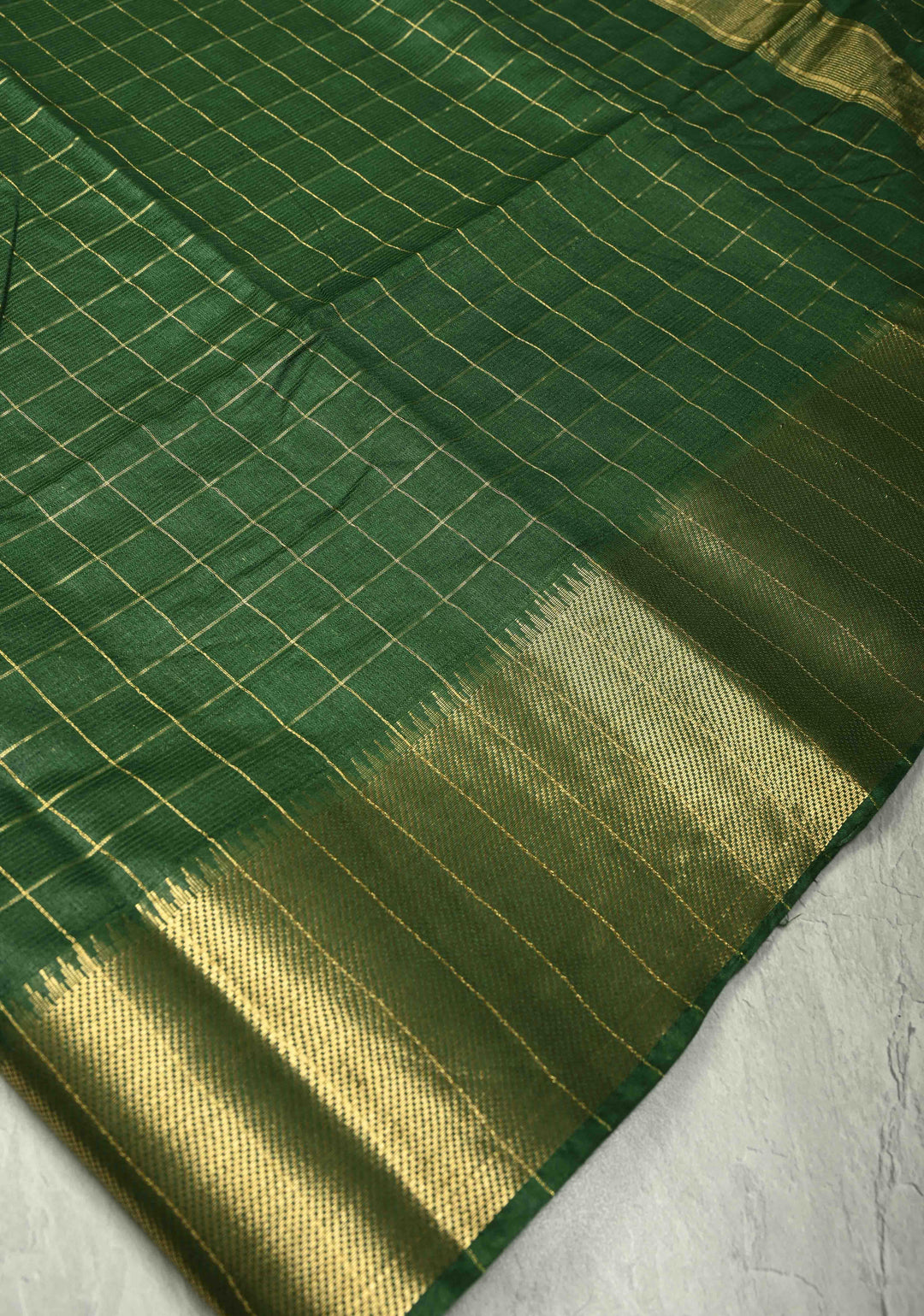Bottle Green Semi Tussar Saree with Zari Checks and Zari Border