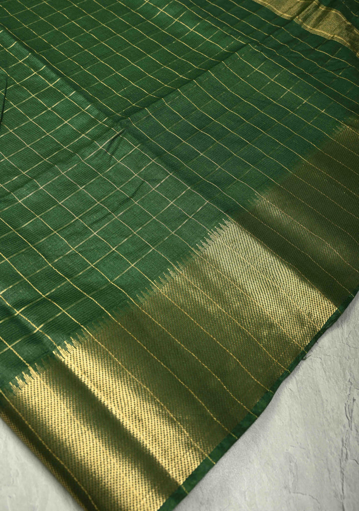 Bottle Green Semi Tussar Saree with Zari Checks and Zari Border