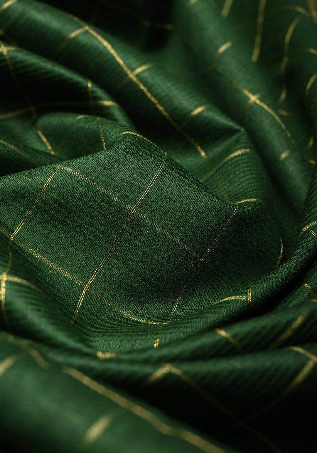 Bottle Green Semi Tussar Saree with Zari Checks and Zari Border