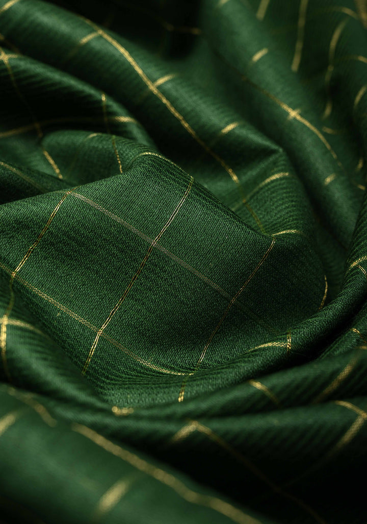 Bottle Green Semi Tussar Saree with Zari Checks and Zari Border