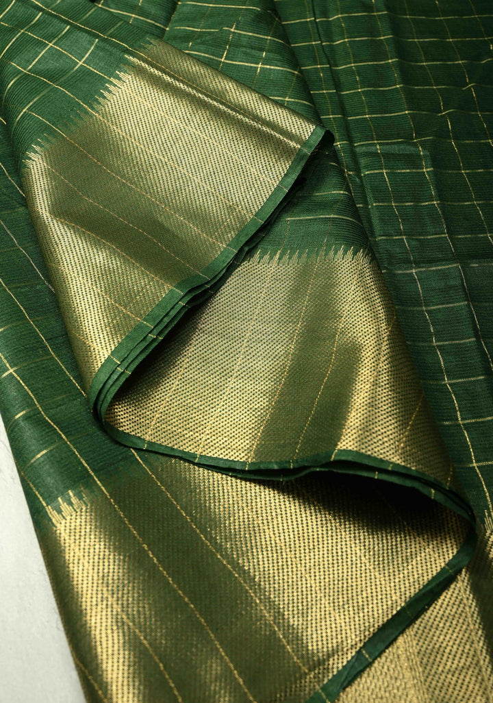 Bottle Green Semi Tussar Saree with Zari Checks and Zari Border