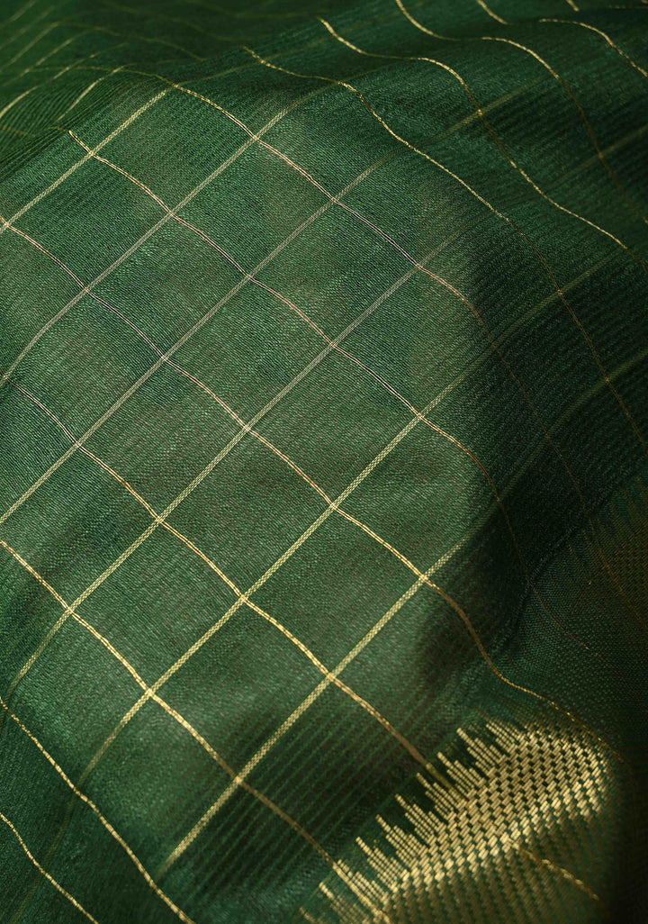 Bottle Green Semi Tussar Saree with Zari Checks and Zari Border