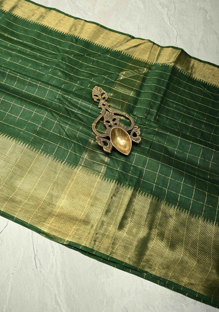Bottle Green Semi Tussar Saree with Zari Checks and Zari Border