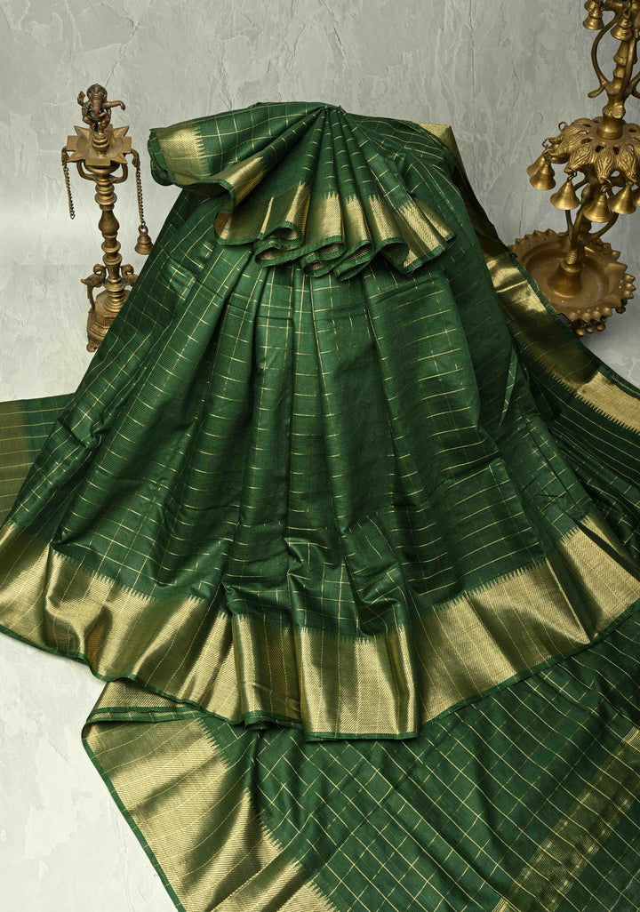 Bottle Green Semi Tussar Saree with Zari Checks and Zari Border