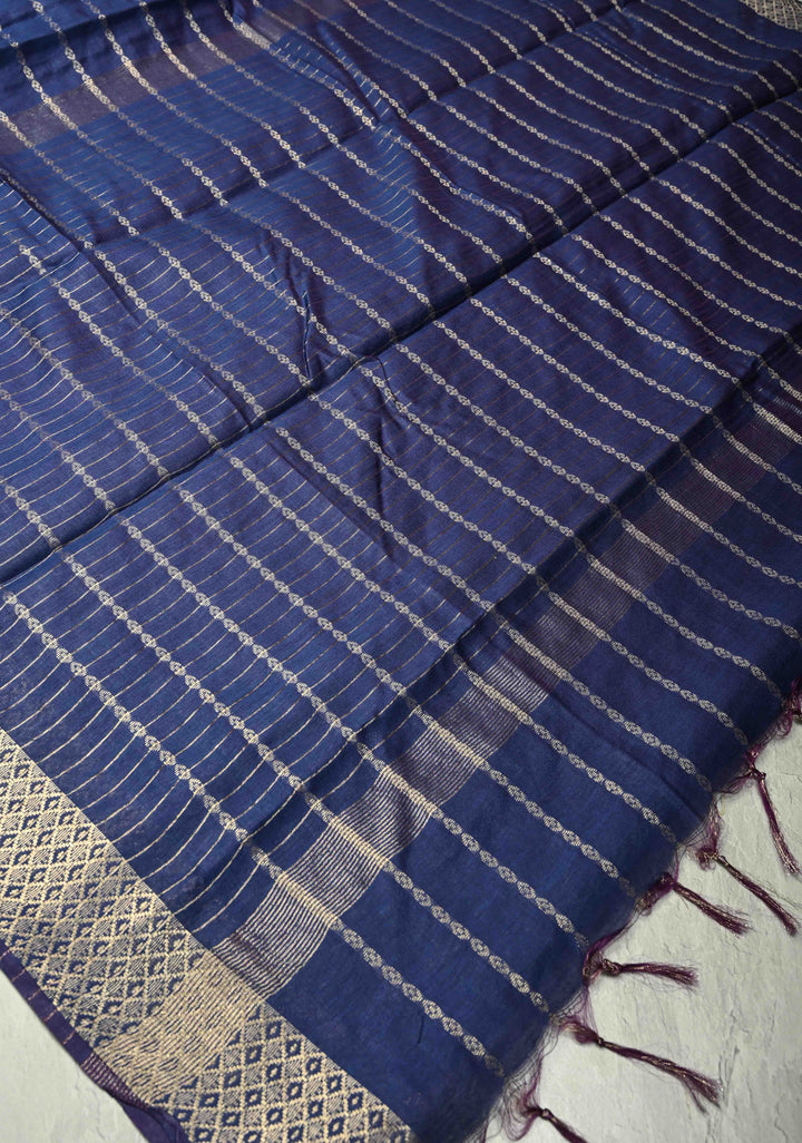 Prussian Blue Semi Tussar Saree with Zari Stripes and Zari Border