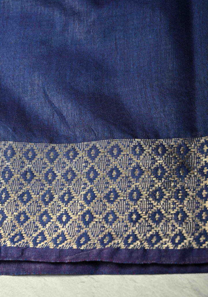 Prussian Blue Semi Tussar Saree with Zari Stripes and Zari Border