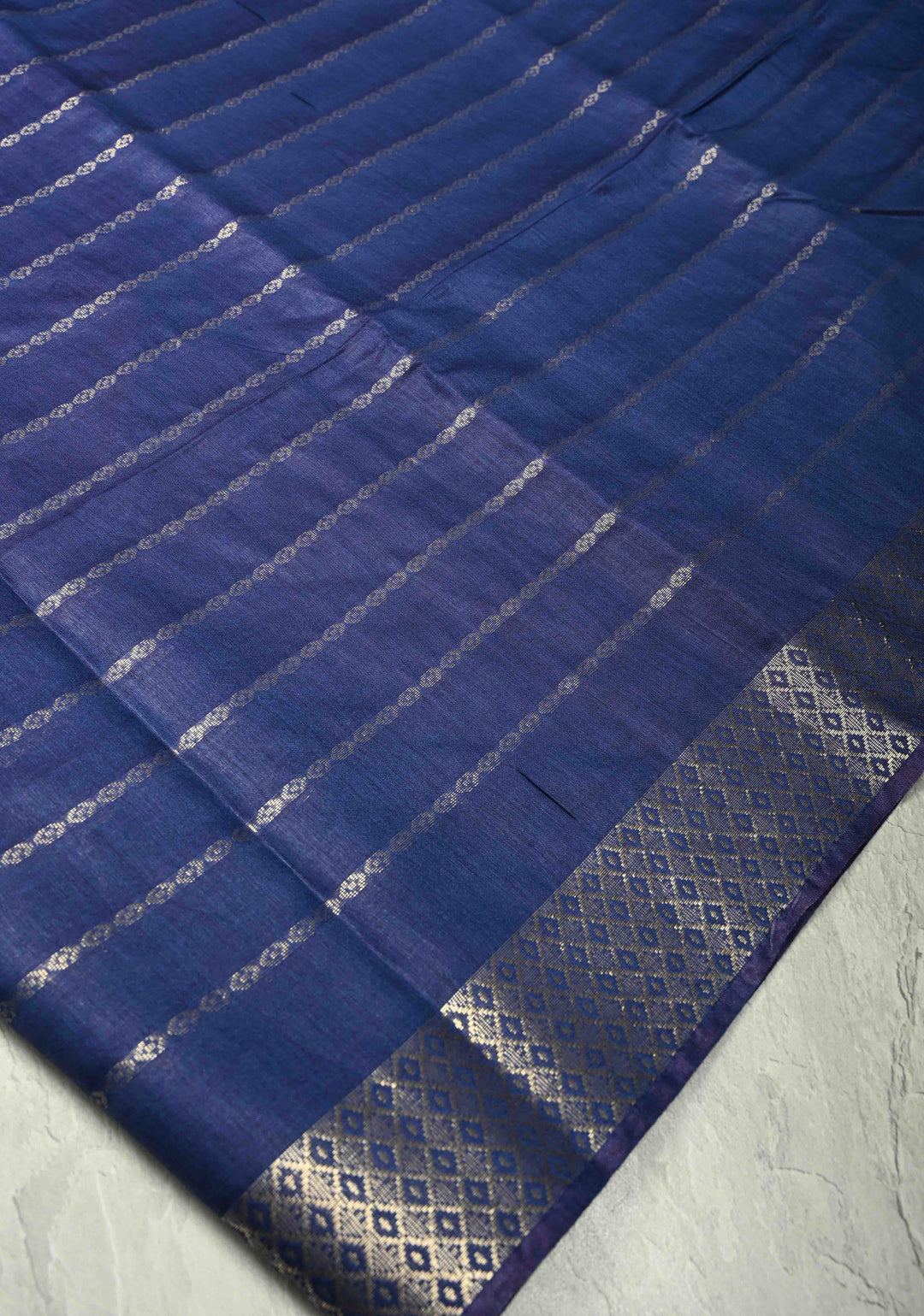 Prussian Blue Semi Tussar Saree with Zari Stripes and Zari Border