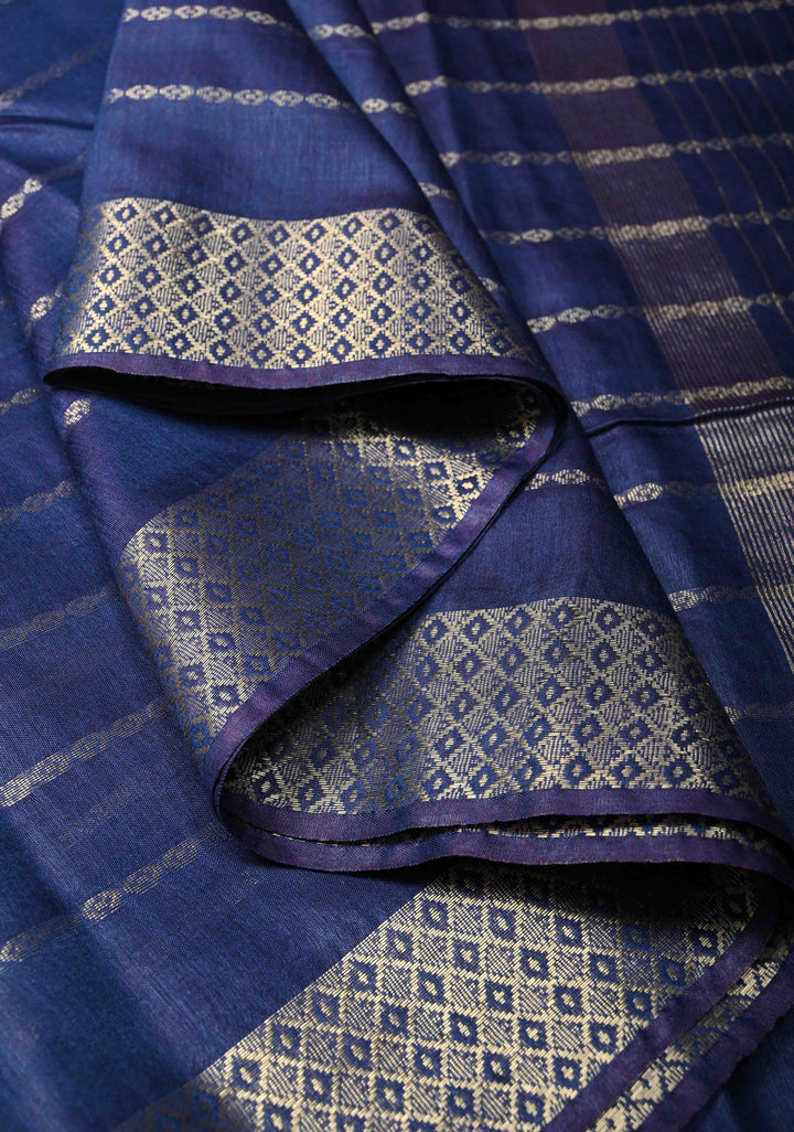 Prussian Blue Semi Tussar Saree with Zari Stripes and Zari Border