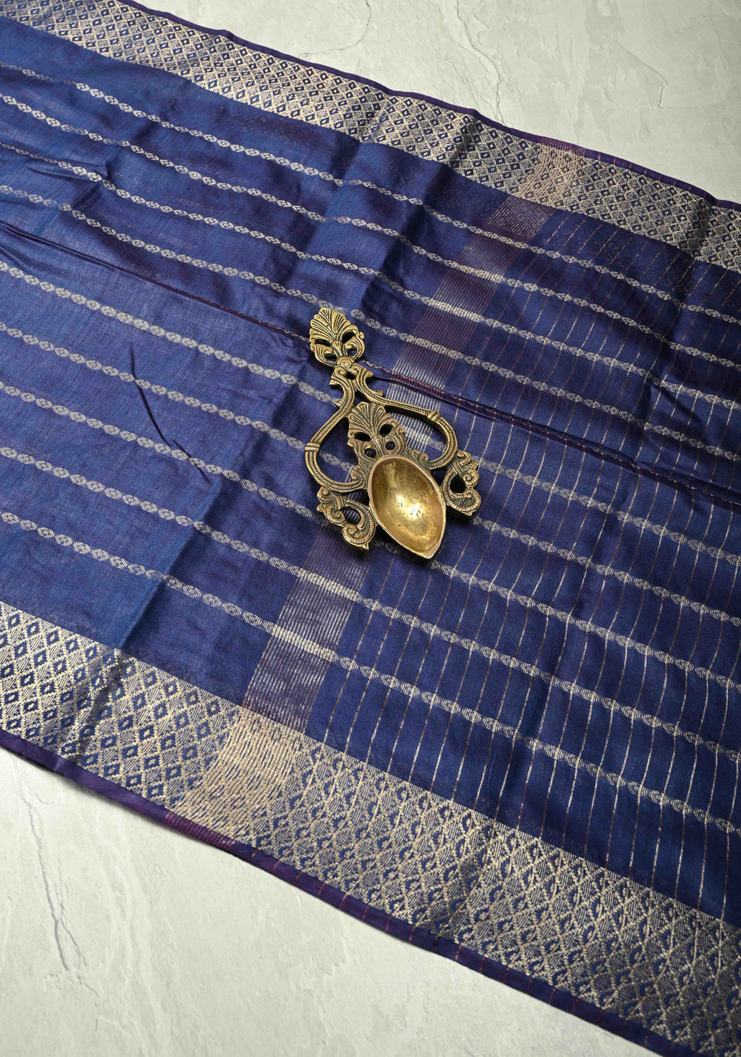 Prussian Blue Semi Tussar Saree with Zari Stripes and Zari Border