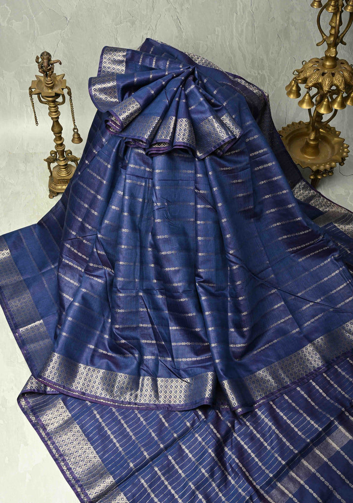 Prussian Blue Semi Tussar Saree with Zari Stripes and Zari Border