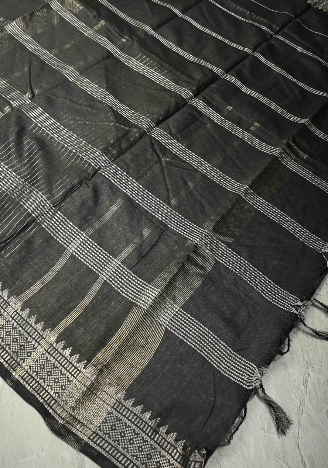 Black Semi Tussar Saree with Thread Stripes and Temple Zari Border