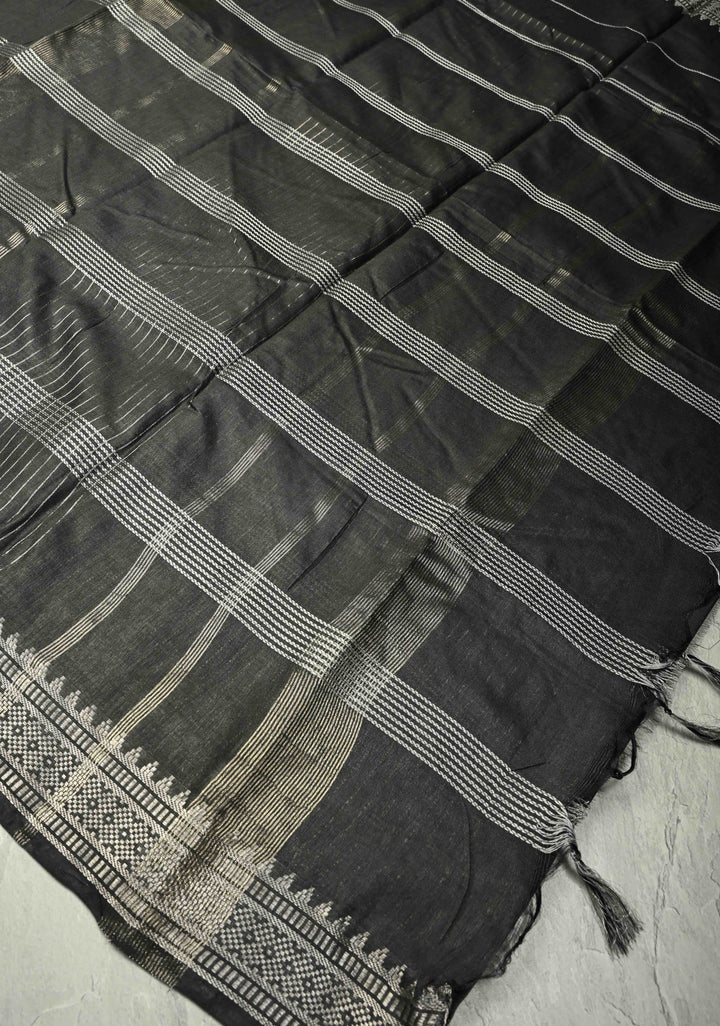 Black Semi Tussar Saree with Thread Stripes and Temple Zari Border