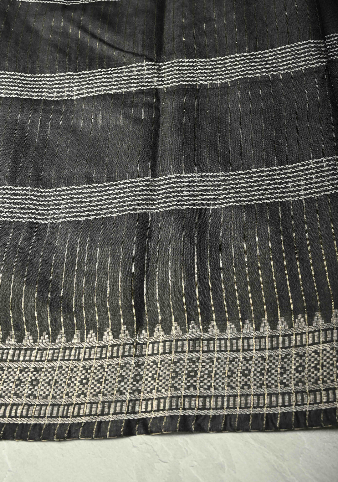 Black Semi Tussar Saree with Thread Stripes and Temple Zari Border