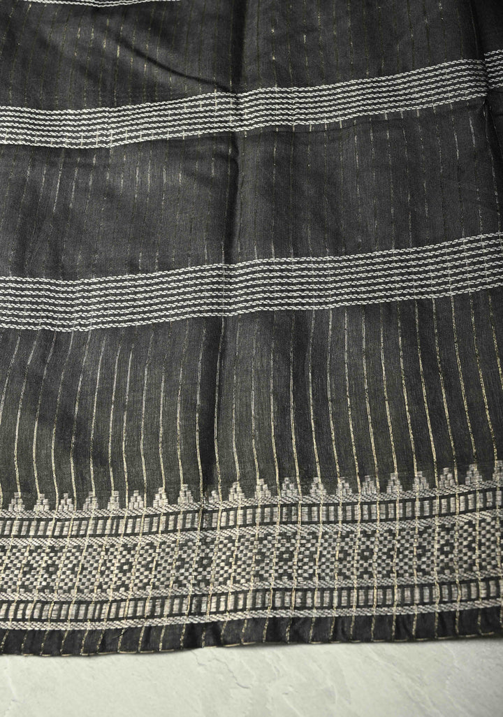 Black Semi Tussar Saree with Thread Stripes and Temple Zari Border