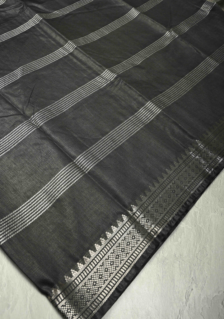 Black Semi Tussar Saree with Thread Stripes and Temple Zari Border