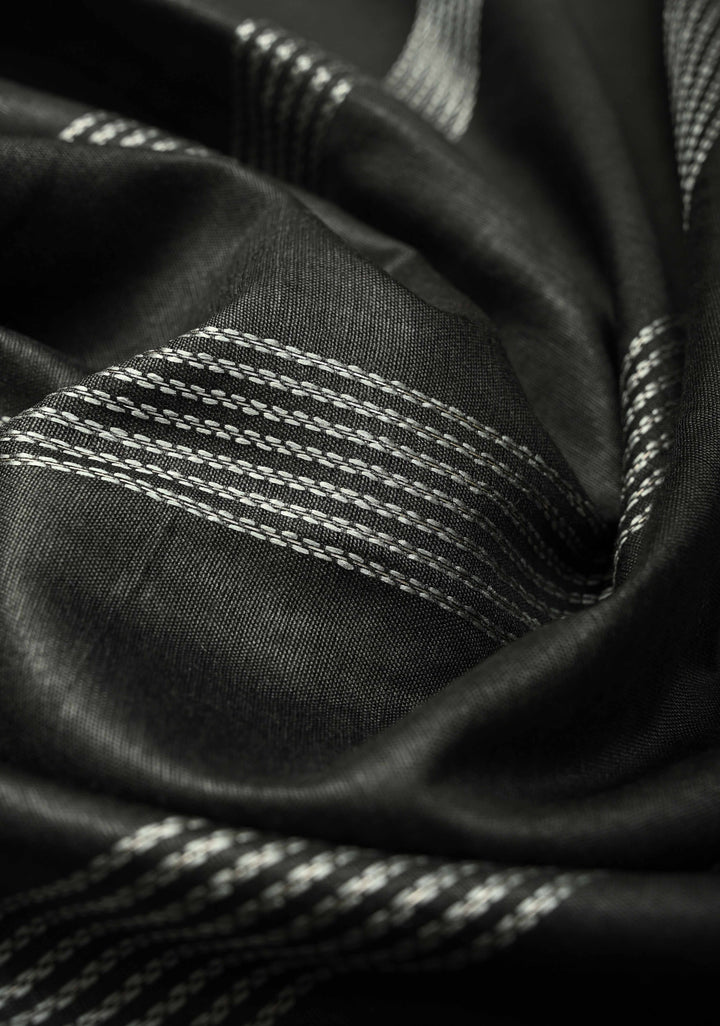 Black Semi Tussar Saree with Thread Stripes and Temple Zari Border