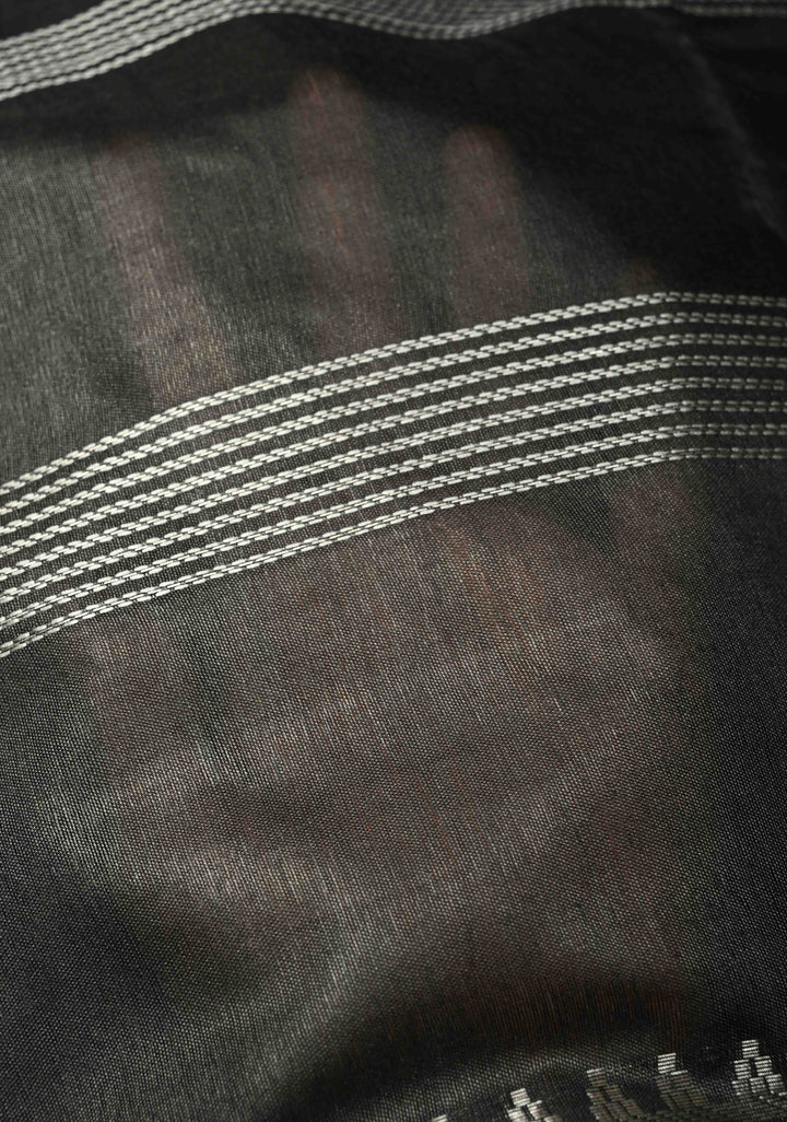 Black Semi Tussar Saree with Thread Stripes and Temple Zari Border